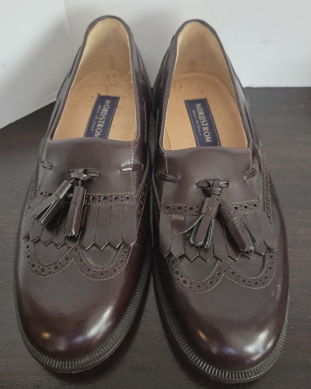 John W Nordstrom Men Kiltie Tassel Wingtip Loafers 8 W Burgundy Italy Leather